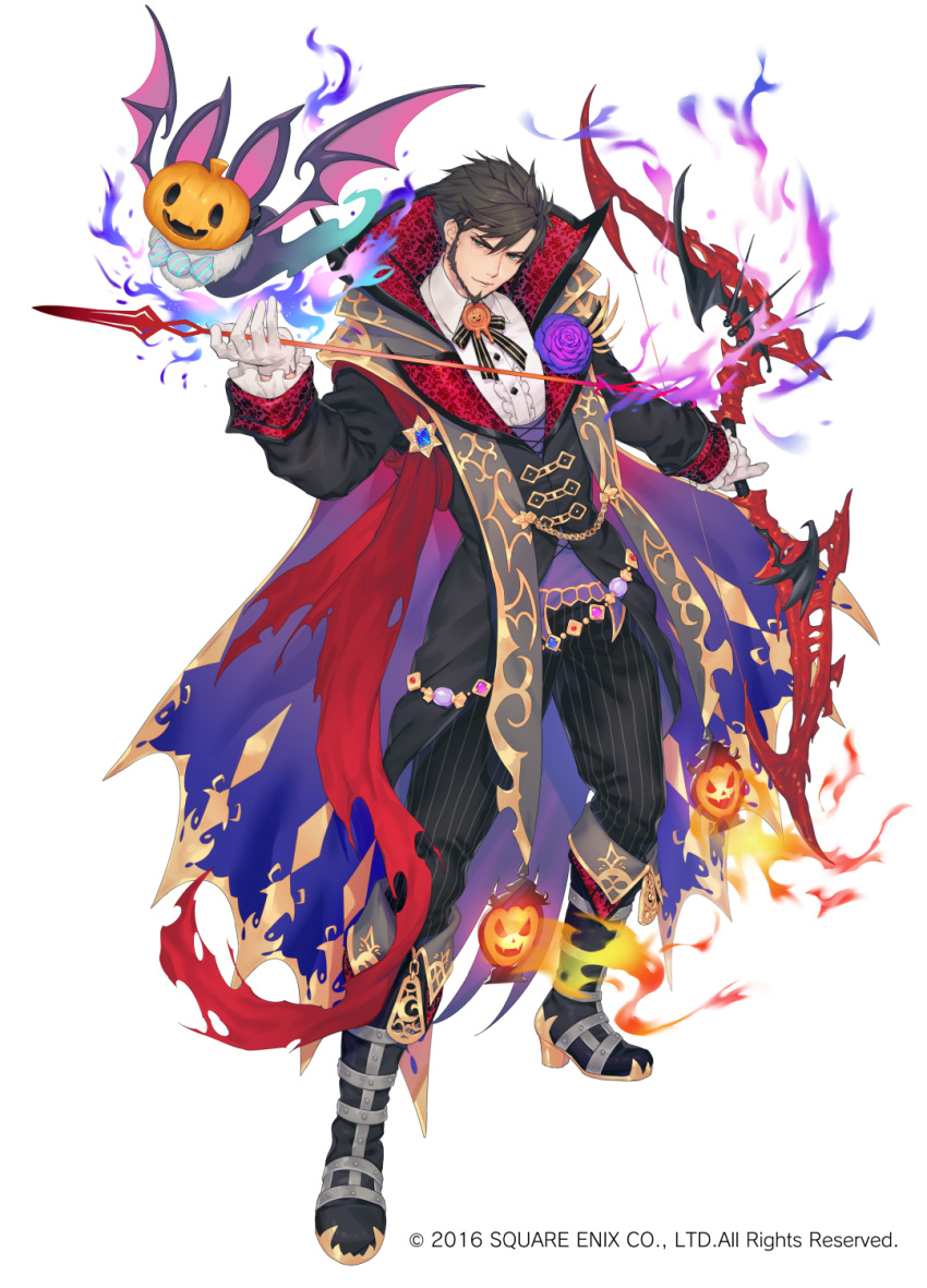 1boy, arrow_(projectile), beard, bow_(weapon), brown_hair, copyright_name, facial_hair, familiar, flower, grimms_notes, halloween_costume, highres, holding, holding_arrow, male_focus, natsuhiko, official_art, pants, purple_flower, purple_rose, rose, simple_background, smile, solo, striped_clothes, striped_pants, weapon, white_background, william_shakespeare_(halloween)_(grimms_notes)