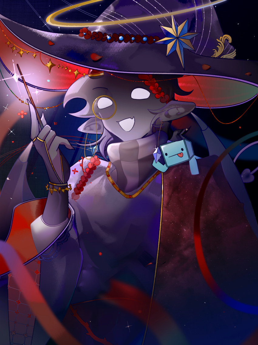 2boys, :d, :p, absurdres, alternate_costume, badboyhalo, black_hair, black_skin, checkered_neckerchief, chibi, chinese_commentary, cihuabinggan, claws, colored_skin, commentary_request, demon_boy, demon_horns, demon_tail, fang, halo, hat, highres, holding, holding_wand, horn_ornament, horn_ring, horns, long_sleeves, male_focus, minecraft, minecraft_(style), minecraft_youtube, mini_person, miniboy, monocle, monster_boy, multiple_boys, neckerchief, on_shoulder, open_mouth, pointy_ears, short_hair, skeppy, skin_fang, smile, solo_focus, sparkle, star_(symbol), tail, tongue, tongue_out, traditional_halo, upper_body, wand, white_eyes, witch_hat