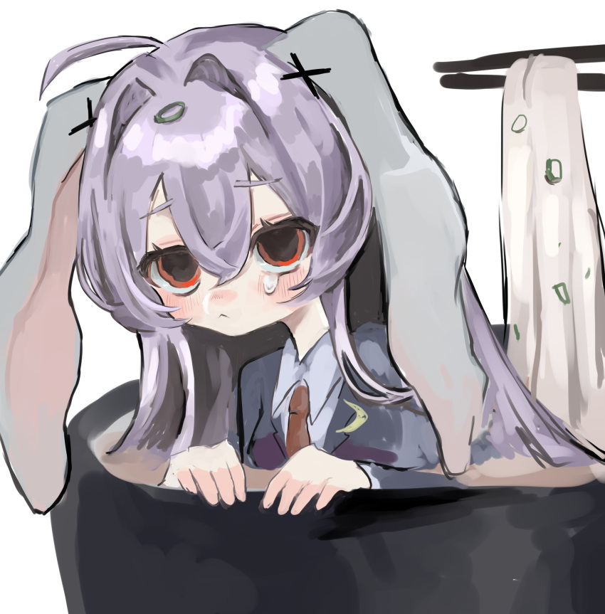 1girl, :<, ahoge, animal_ears, blush, bowl, chopsticks, collared_shirt