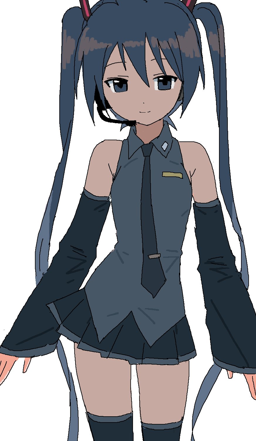 1girl, blue_eyes, blue_hair, collared_shirt, cowboy_shot, detached_sleeves, doppelschwert, hair_ornament, hatsune_miku, headphones, headset, highres, long_hair, long_sleeves, necktie, pleated_skirt, shirt, skirt, sleeveless, sleeveless_shirt, smile, solo, thigh-highs, twintails, very_long_hair, vocaloid