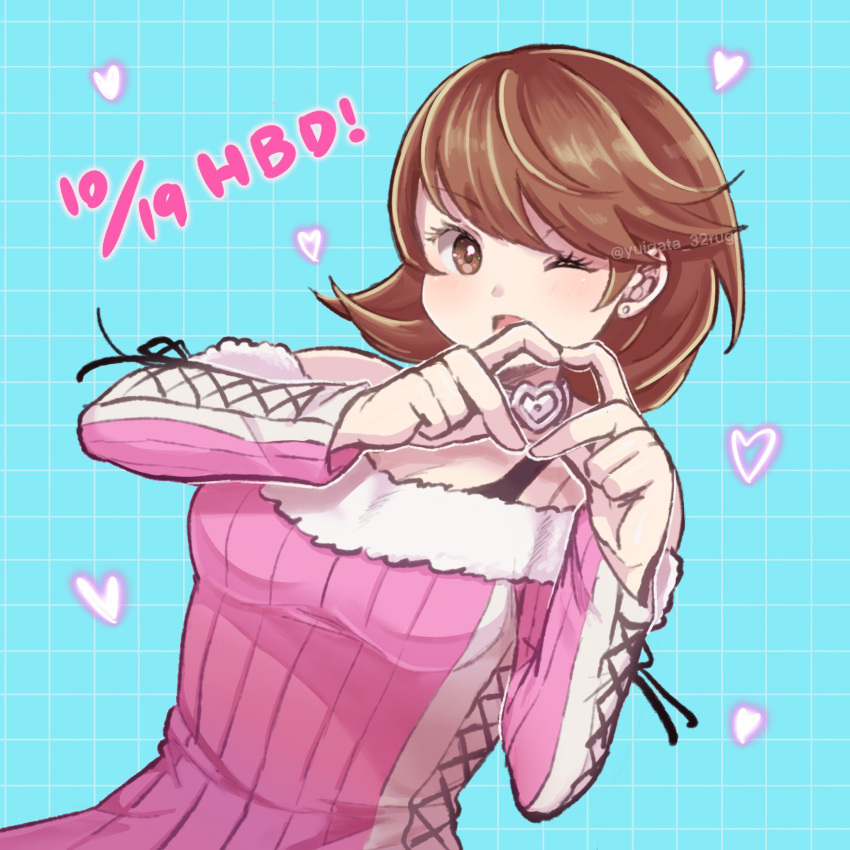 1girl, bare_shoulders, birthday, blue_background, breasts, brown_eyes, brown_hair, checkered_background