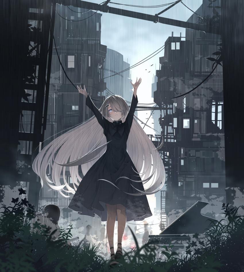 absurdres, bird, black_capelet, black_dress, capelet, cityscape, dress, grand_piano