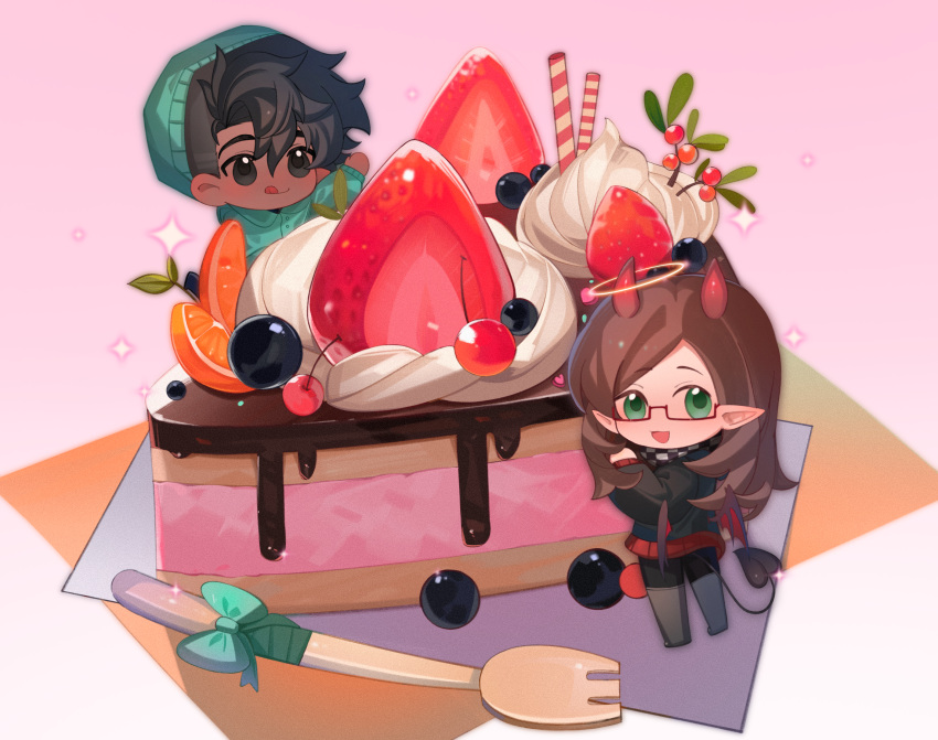 2boys, :q, absurdres, androgynous, aqua_hat, aqua_hoodie, badboyhalo, beanie, black_hair, black_hoodie, bow, brown_hair, cake, cake_slice, checkered_neckerchief, chibi, chinese_commentary, chocolate_icing, cihuabinggan, commentary_request, dark-skinned_male, dark_skin, demon_boy, demon_horns, demon_tail, demon_wings, dessert, food, food_focus, fork, fruit, full_body, glasses, green_eyes, grey_eyes, halo, halo_around_horn, hat, highres, hood, hood_down, hoodie, horns, humanization, icing, long_hair, male_focus, minecraft_youtube, mini_person, miniboy, multiple_boys, neckerchief, open_mouth, orange_(fruit), orange_slice, pointy_ears, red_trim, short_hair, skeppy, smile, standing, strawberry, sweets, tail, tongue, tongue_out, traditional_halo, whipped_cream, wings