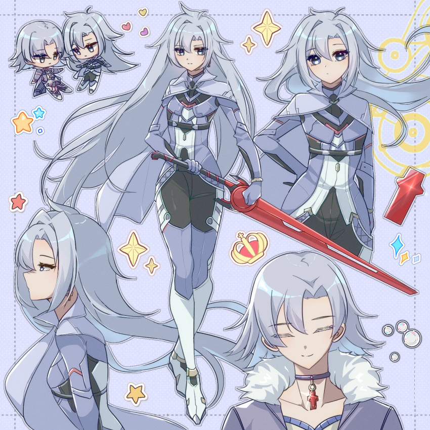 1boy, 1girl, a_(xenoblade), alvis_(xenoblade), armored_bodysuit, chibi, chibi_inset, closed_eyes, collarbone, commentary_request, core_crystal_(xenoblade), crown, full_body, fur-trimmed_jacket, fur_trim, grey_background, grey_eyes, grey_hair, grey_jacket, hand_on_own_hip, highres, holding, holding_sword, holding_weapon, inset_border, jacket, jewelry, long_hair, necklace, simple_background, sparkle, standing, star_(symbol), sword, very_long_hair, weapon, xenoblade_chronicles_(series), xenoblade_chronicles_1, xenoblade_chronicles_3, xenoblade_chronicles_3:_future_redeemed, zer00han