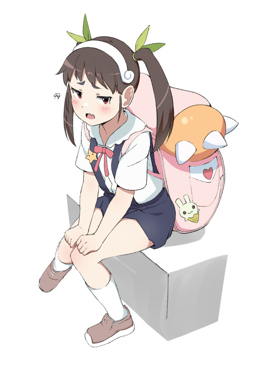 1girl, bakemonogatari, blush, brown_eyes, brown_hair, commentary, dot_nose, fang