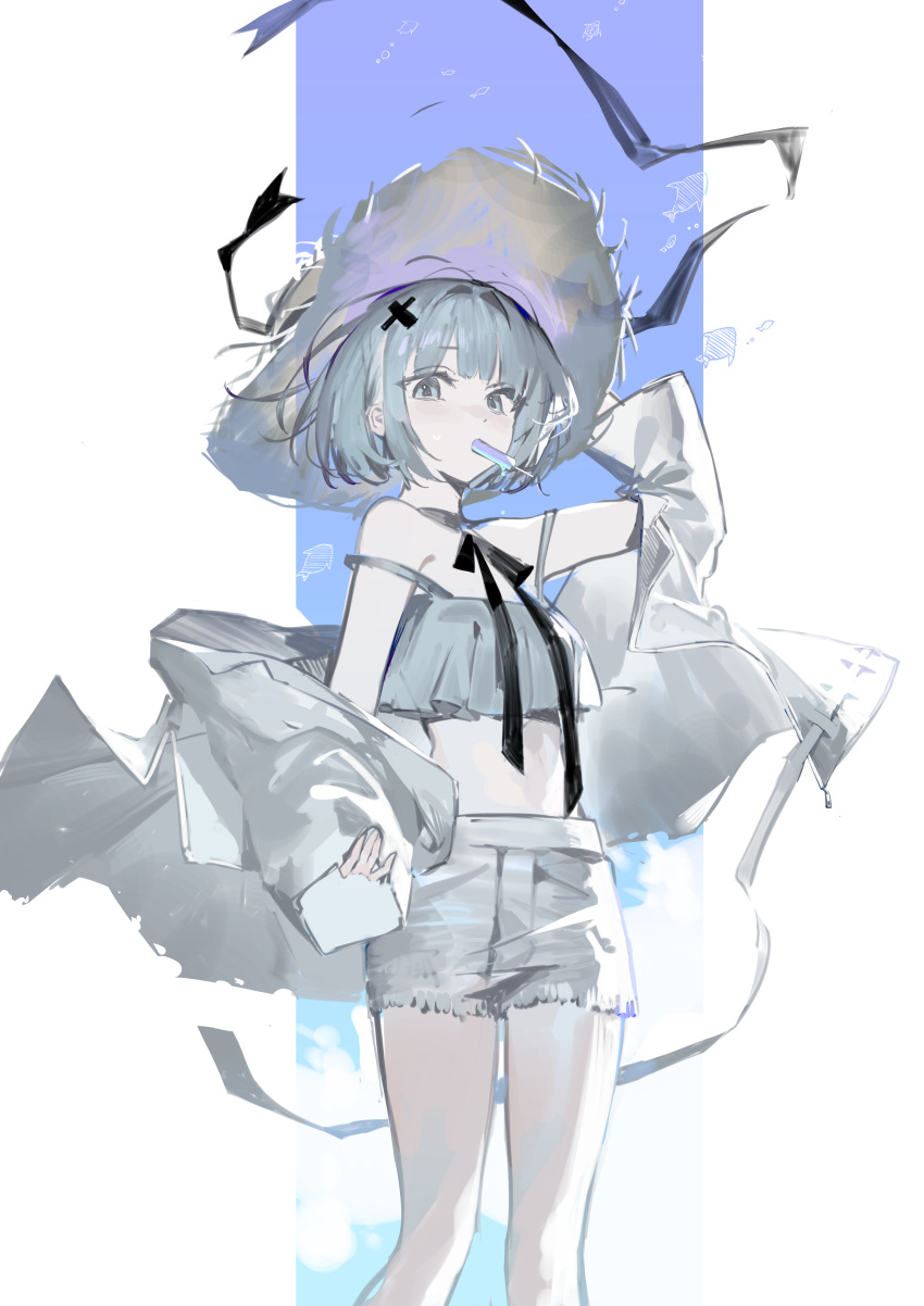 1girl, absurdres, beach, color_scheme, commentary, fish, food, food_in_mouth, grey_eyes, grey_hair, grey_hat, grey_shirt, grey_shorts, hat, highres, holding, holding_hat, holding_unworn_clothes, jacket, looking_at_viewer, mo011010, neck_ribbon, original, popsicle, popsicle_in_mouth, ribbon, shirt, shorts, straw_hat, summer, symbol-only_commentary, vertical, white_jacket, wind