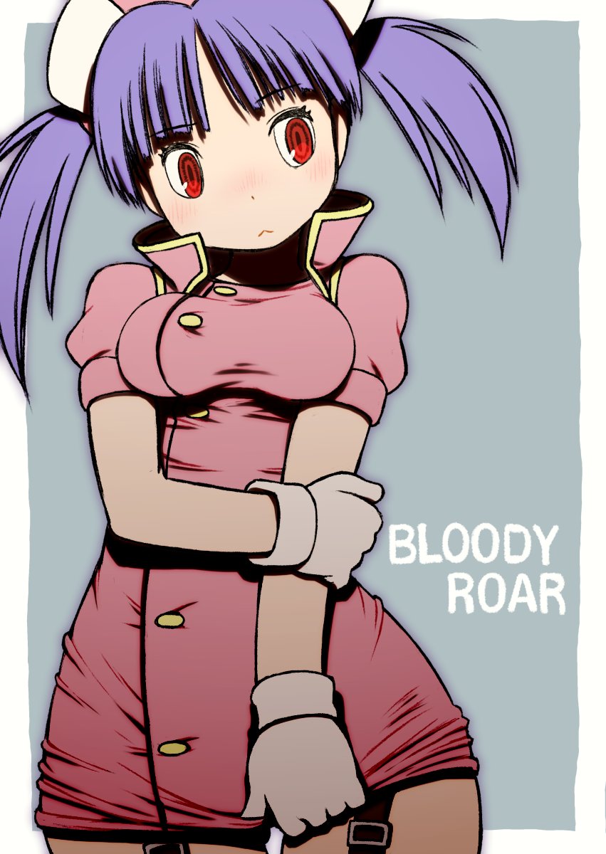 1girl, beeru_(veil8801), bloody_roar, blush, breasts, closed_mouth, copyright_name, dress, garter_straps, gloves, hat, highres, nurse, nurse_cap, pink_dress, purple_hair, red_eyes, short_hair, skirt, solo, tsukagami_alice, twintails, white_gloves