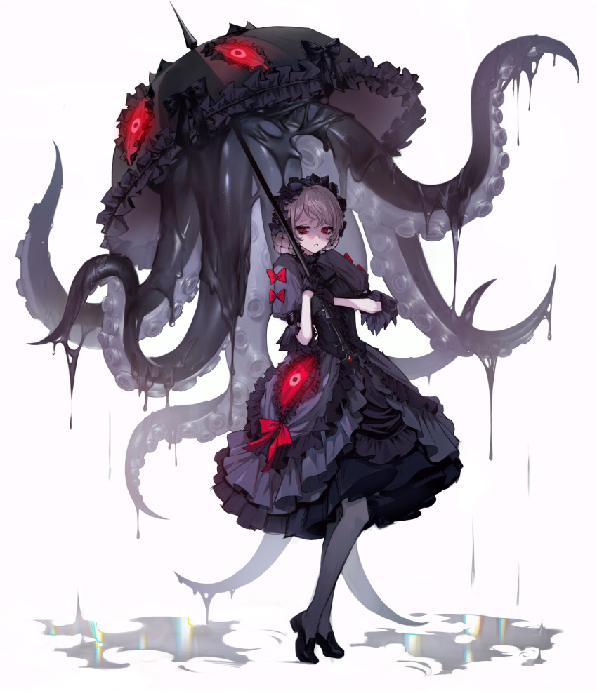 1girl, 9999_soon, black_bonnet, bonnet, cephalopod_eyes, eldritch_abomination, extra_eyes, gothic_lolita