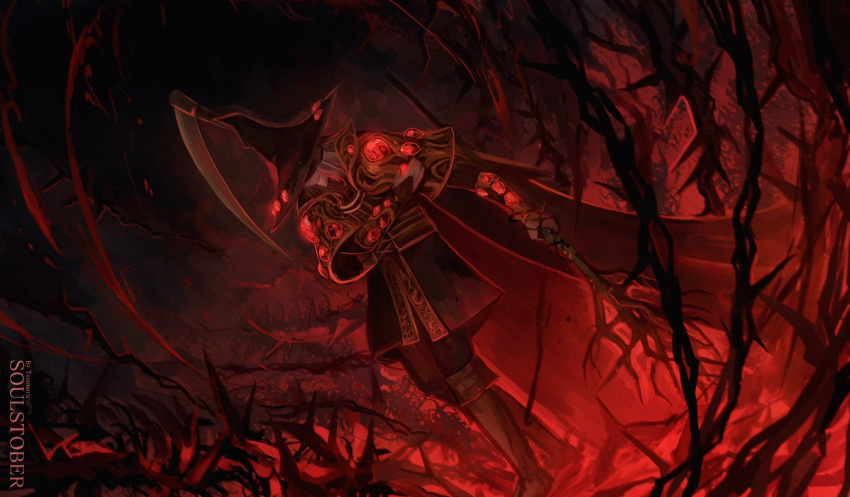 1boy, black_coat, black_footwear, black_hat, boots, bowing, coat, commentary, covered_eyes, elden_ring, english_commentary, full_body, gem, glowing, hat, highres, holding, holding_scythe, holding_weapon, mad_tongue_alberich, male_focus, red_gemstone, red_theme, scythe, smile, solo, standing, temmaru1, thorns, weapon, witch_hat