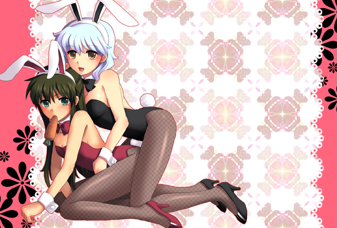 animal_ears, blue_hair, brown_eyes, bunny_ears, bunnysuit, carrot, en_la_festa, fishnet_pantyhose