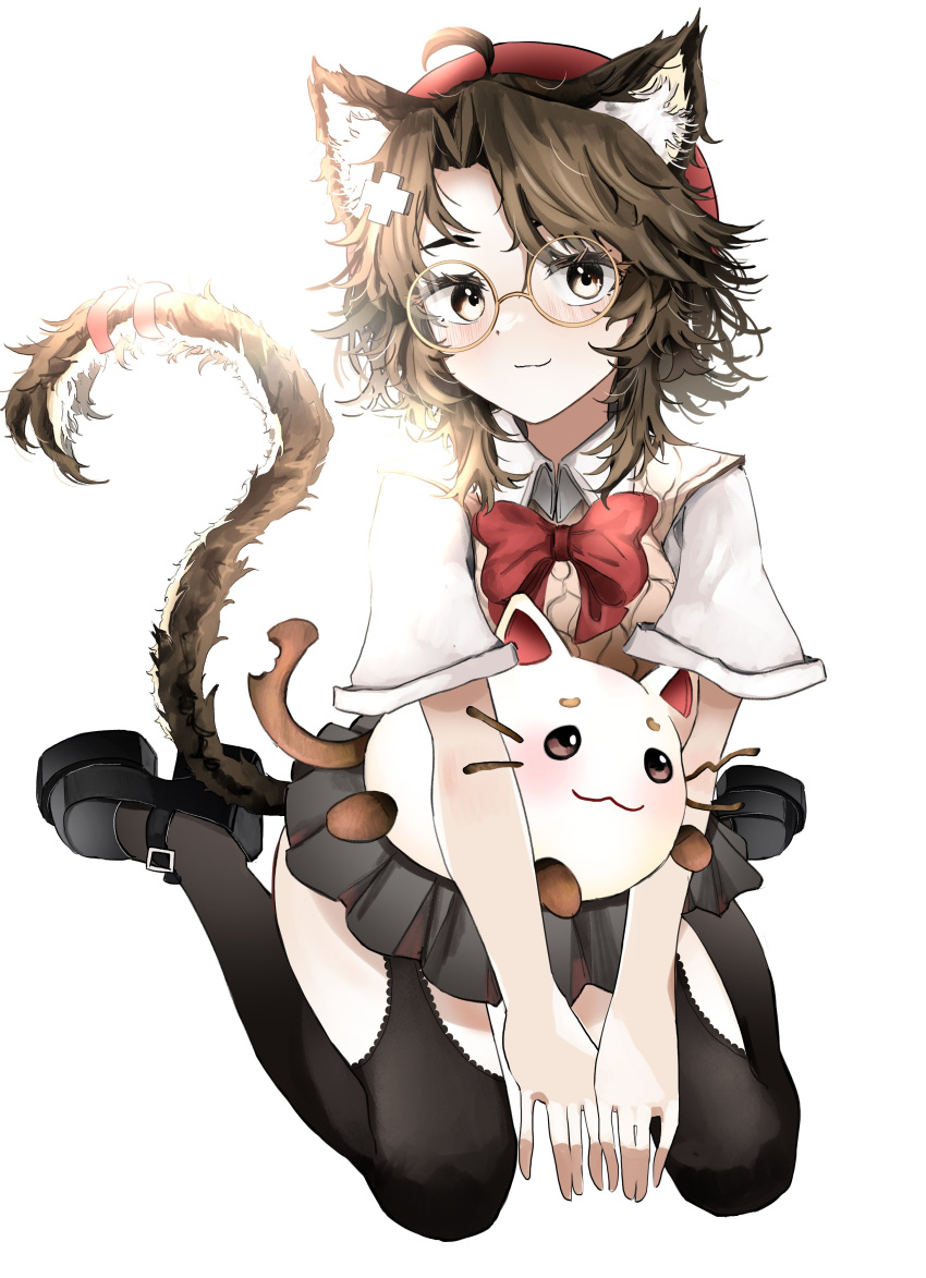 1girl, absurdres, ahoge, animal_ear_fluff, animal_ears, between_legs, black_skirt, black_thighhighs