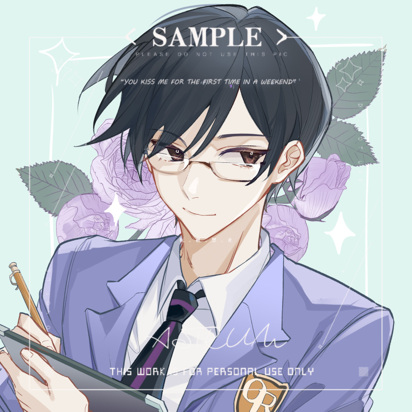 1boy, absurdres, black_hair, brown_eyes, clipboard, commission, flower, glasses
