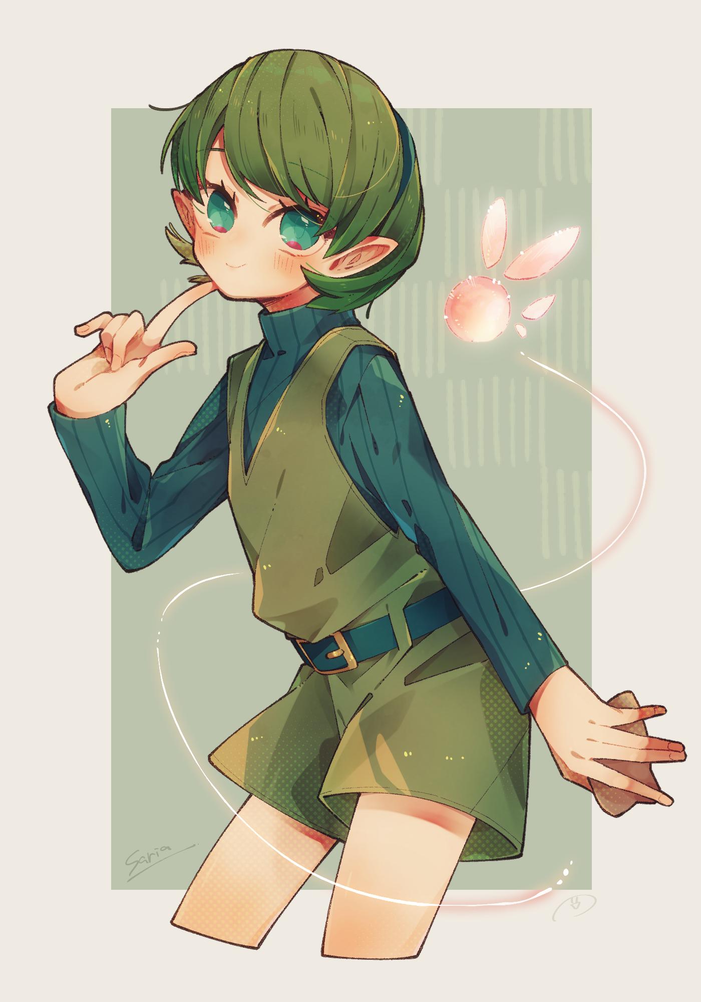 1girl, belt, border, closed_mouth, commentary_request, cropped_legs, fairy, green_background