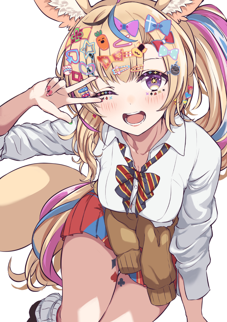 1girl, animal_ears, asymmetrical_bangs, asymmetrical_hair, black_bow, black_bowtie, black_hair, blonde_hair, blue_hair, blue_skirt, blush, bow, bowtie, breasts, clothes_around_waist, club_hair_ornament, collared_shirt, commentary, cowlick, daifuku_(yukihana_lamy), decora, diagonal-striped_bow, diagonal-striped_bowtie, diagonal-striped_clothes, diamond_hair_ornament, dress_shirt, eternaltanbo, facial_tattoo, feet_out_of_frame, fox_ears, fox_girl, fox_tail, gyaru, hair_bow, hair_ornament, hairclip, hololive, leg_tattoo, long_hair, looking_at_viewer, makeup, mascara, medium_breasts, miniskirt, multicolored_hair, multiple_hair_bows, nail_art, nekko_(momosuzu_nene), official_alternate_costume, official_alternate_hairstyle, omaru_polka, omaru_polka_(school_uniform), one_eye_closed, open_mouth, pink_nails, pleated_skirt, ponytail, purple_hair, red_bow, red_bowtie, red_skirt, shirt, simple_background, skirt, sleeves_rolled_up, smile, socks, solo, spade_hair_ornament, ssrb_(shishiro_botan), star-shaped_pupils, star_(symbol), star_hair_ornament, streaked_hair, striped_clothes, sweater, sweater_around_waist, symbol-shaped_pupils, tail, tattoo, too_many_hair_ornaments, two-tone_bow, two-tone_bowtie, two-tone_skirt, v_over_eye, violet_eyes, virtual_youtuber, white_background, white_shirt, white_socks, wing_collar, zain_(omaru_polka)