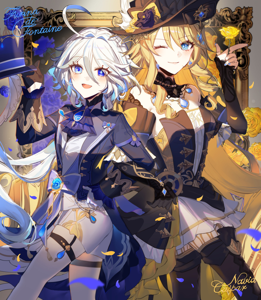 2girls, ahoge, ascot, asymmetrical_gloves, bare_shoulders, black_flower, black_gloves, black_hat
