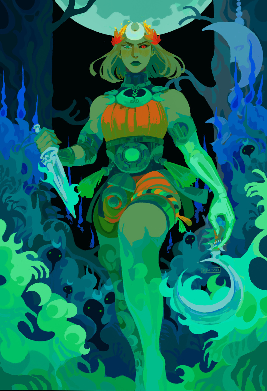 1girl, absurdres, ancient_greek_clothes, asymmetrical_arms, barefoot, black_sclera, blonde_hair, blue_fire