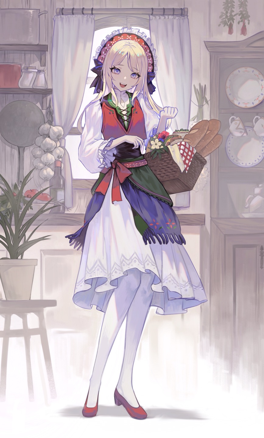 1girl, 9999_soon, apron, baguette, baking, blue_eyes, bread, commentary