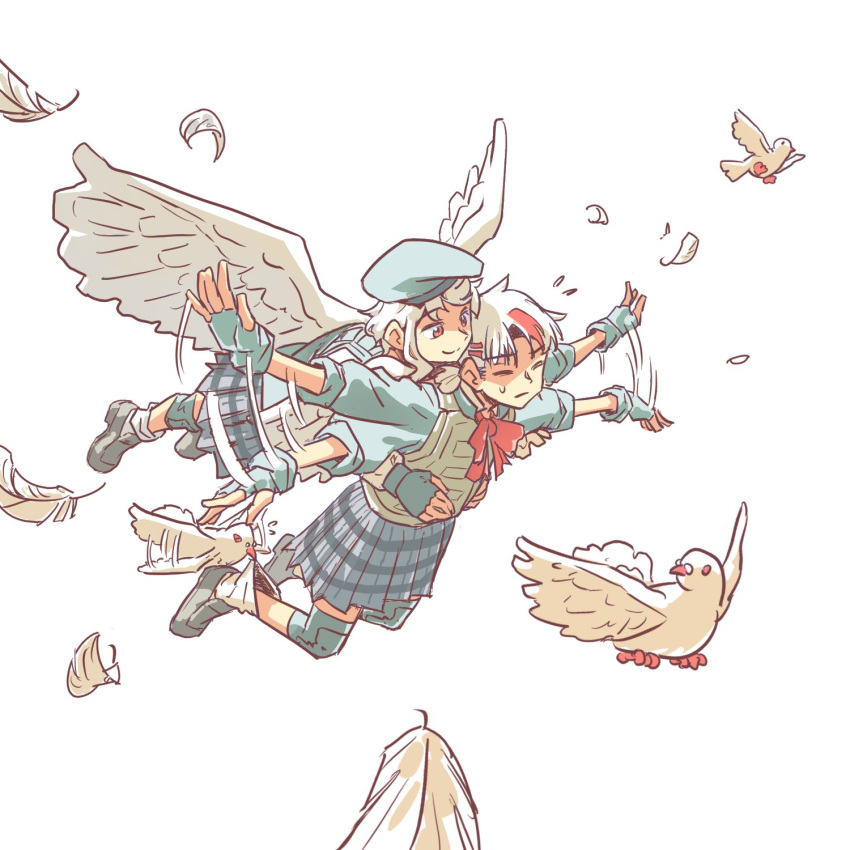 2girls, angel_wings, anjuro_zeeku, beret, bird, bow, bowtie, bulletproof_vest, closed_eyes, cupid, feathered_wings, fingerless_gloves, flapping, flying, flying_sweatdrops, gloves, hair_ornament, hairclip, hat, highres, kanna_(love-bullet), knee_pads, koharu_(love-bullet), love-bullet, multicolored_hair, multiple_girls, no_eyewear, pigeon, pleated_skirt, red_bow, red_bowtie, red_eyes, redhead, shaded_face, simple_background, skirt, streaked_hair, sweatdrop, white_background, white_hair, wings