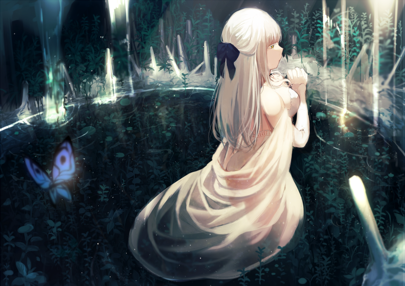 achiki, blue_bow, bow, bug, butterfly, dress, gloves, grey_hair
