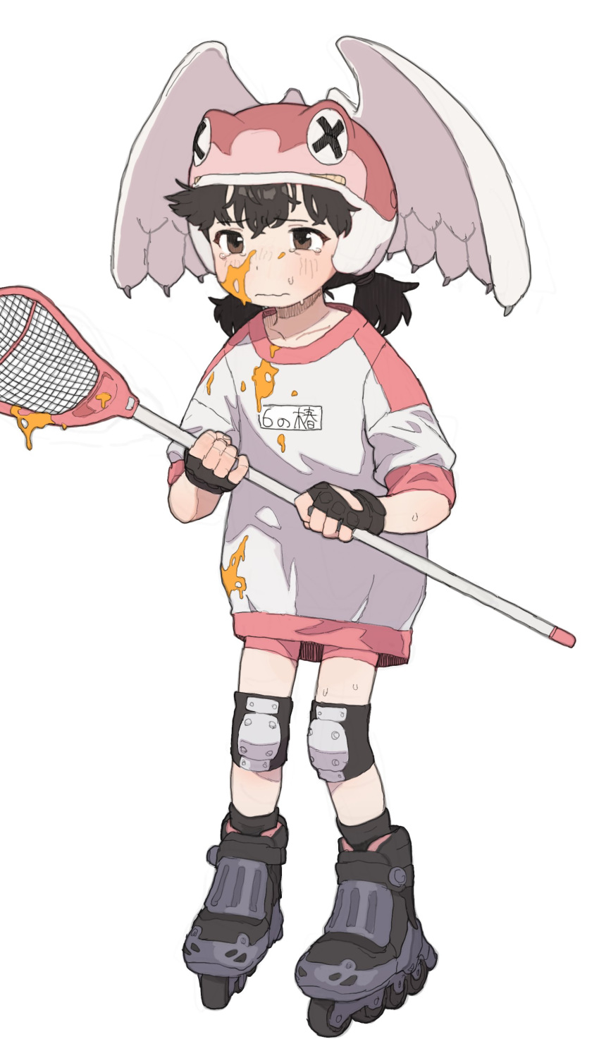 1girl, absurdres, alien_nine, black_gloves, black_hair, blush, borg_(alien_nine), brown_eyes, closed_mouth, clothes_writing, fingerless_gloves, full_body, gloves, hair_between_eyes, helmet, highres, holding, inline_skates, knee_pads, ootani_yuri, opossumachine, orange_blood, roller_skates, short_sleeves, short_twintails, simple_background, skates, solo, standing, sweat, tears, twintails, white_background, winged_helmet