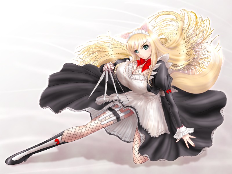 apron, blonde_hair, blush, breasts, cleavage, combat_maid, fishnet_legwear, fishnet_stockings