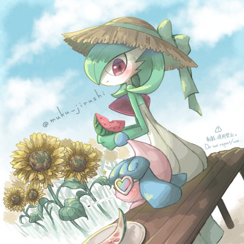 1girl, artist_name, blue_hair, blue_sky, blush, bob_cut, bow, brown_hat