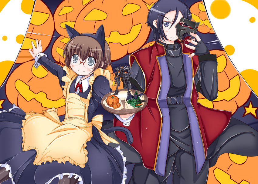apron, black_eyes, black_hair, brown_hair, cat_ears, cat_tail, cosplay, fingerless_gloves, glasses, gloves, gn_flag, grey_eyes, gundam, gundam_00, halloween, highres, jack-o'-lantern, jack-o'-lantern, kousaka_kyousuke, mad_(hazukiken), maid, mask, mister_bushido, mister_bushido_(cosplay), nakamura_yuuichi, ore_no_imouto_ga_konna_ni_kawaii_wake_ga_nai, pumpkin, seiyuu_connection, short_hair, sweatdrop, tail, tamura_manami, tray