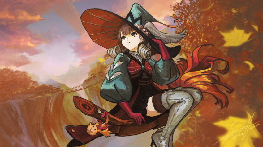 1girl, alternate_costume, autumn, autumn_leaves, blue_eyes, blurry, blurry_foreground, broom