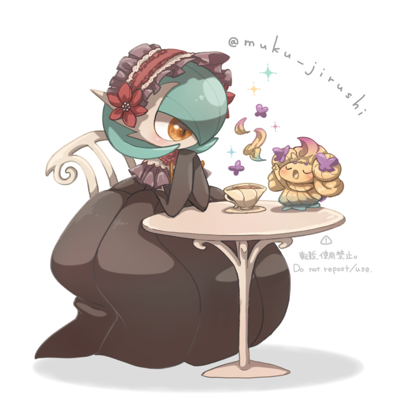 2girls, :o, alcremie, alcremie_(rainbow_swirl), alcremie_(ribbon_sweet), arm_up, artist_name, black_dress