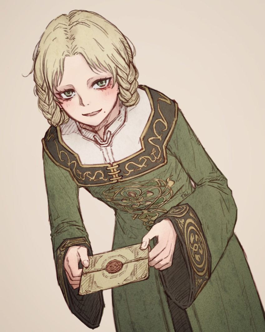 1girl, blonde_hair, braid, d4lmr, dress, elden_ring, envelope, gold_trim