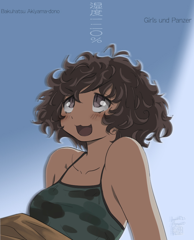 1girl, :3, :d, akiyama_yukari, aoneco, arm_support, artist_name, brown_eyes
