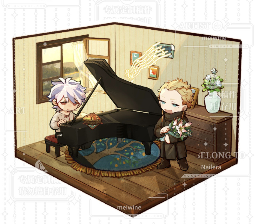 2boys, apple, aqua_eyes, basket, black_coat, black_footwear, blonde_hair, bouquet