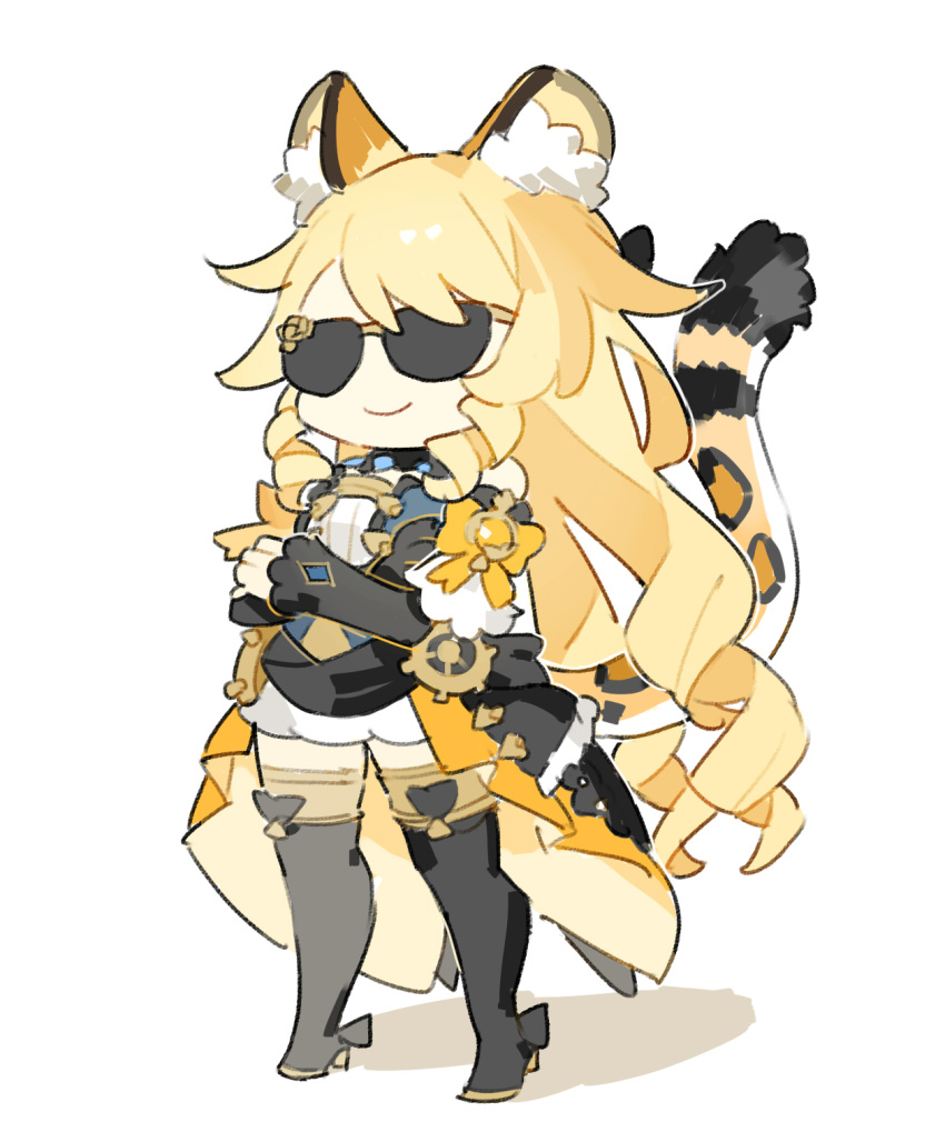 1girl, animal_ear_fluff, animal_ears, bare_shoulders, blonde_hair, boots, chibi, chibi_only