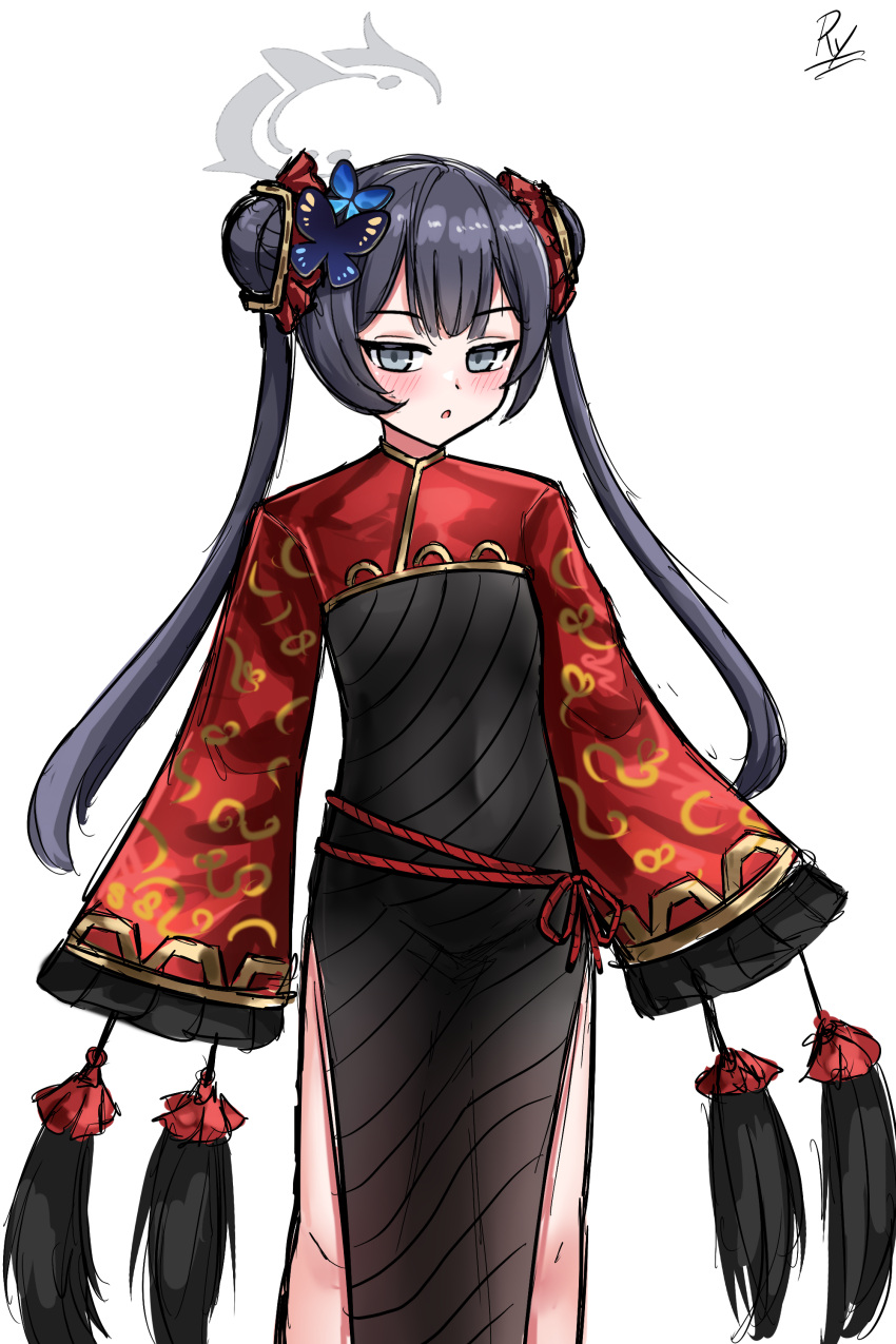 1girl, absurdres, black_dress, black_hair, blue_archive, blush, butterfly_hair_ornament, china_dress