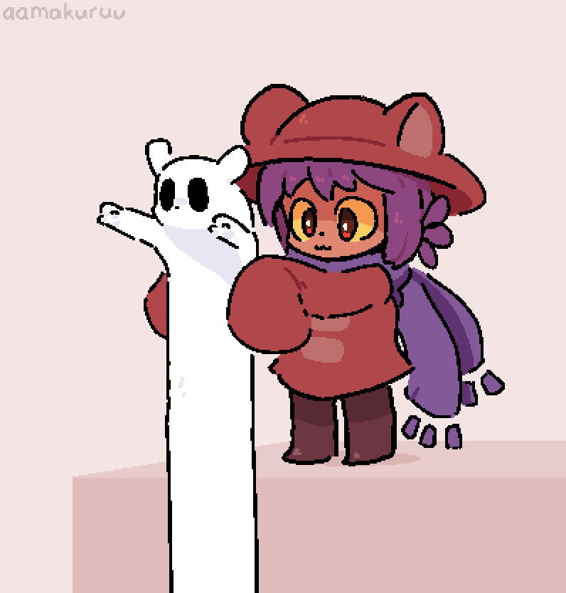 2others, :3, aamakuruu, androgynous, animal_hat, artist_name, cat_hat, colored_sclera, commentary, creature, english_commentary, hat, holding, long_sleeves, longcat_(meme), meme, multiple_others, niko_(oneshot), no_mouth, oneshot_(game), other_focus, pawpads, pixel_art, purple_hair, purple_scarf, rain_world, red_eyes, scarf, short_hair, sleeves_past_wrists, slugcat, solid_oval_eyes, survivor_(rain_world), yellow_sclera