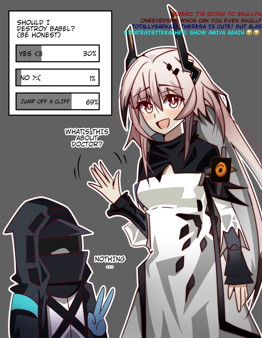 1girl, 1other, ambiguous_gender, arknights, black_coat, coat, cowboy_shot, demon_horns