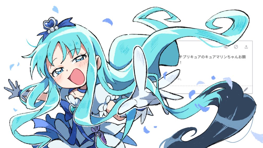 1girl, blue_eyes, blue_hair, blush, brooch, cure_marine, dress, foreshortening
