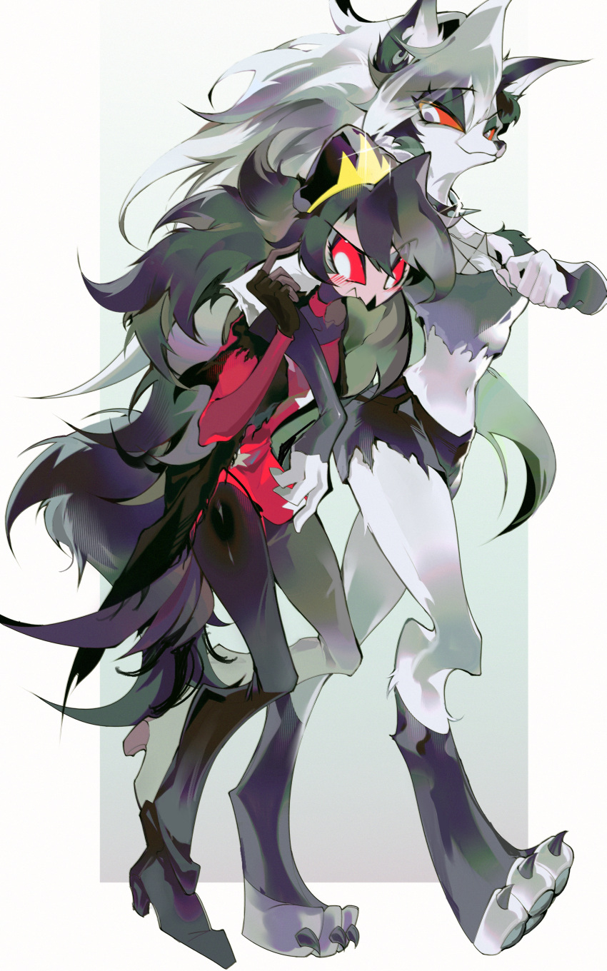 2girls, absurdres, animal_ears, black_feathers, crop_top, dog_ears, dog_girl, dog_tail, feathers, furry, furry_female, helluva_boss, highres, looking_at_another, loona_(helluva_boss), multiple_girls, octavia_(helluva_boss), owl_girl, red_eyes, shorts, tail, zhu_xing_pupupu