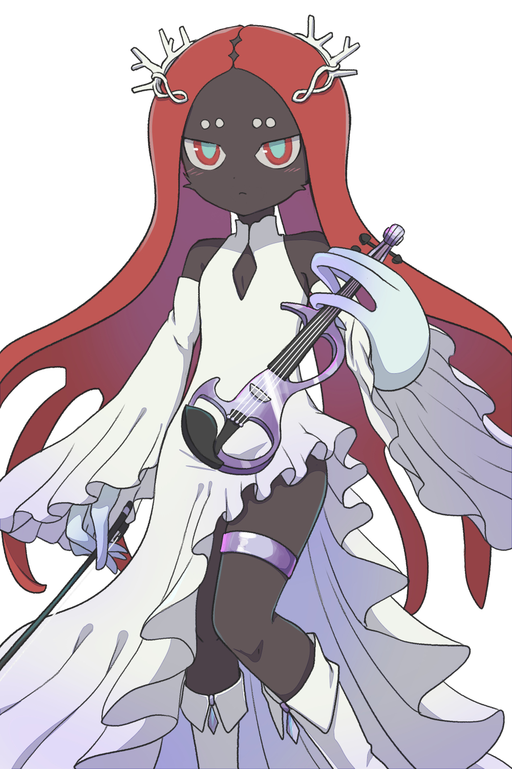 alternate_costume, boots, bow_(music), detached_sleeves, dress, finn_feeder_(splatoon), hair_ornament, highres