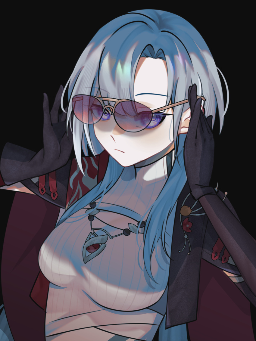 1girl, adjusting_eyewear, aviator_sunglasses, black_background, blue_hair, breasts, commentary_request, griseo, griseo_(cosmic_expression), griseo_(gokudo_brushstrokes), highres, honkai_(series), honkai_impact_3rd, large_breasts, light_blue_hair, looking_at_viewer, misapit, official_alternate_costume, red-tinted_eyewear, simple_background, solo, sunglasses, tinted_eyewear, upper_body, violet_eyes