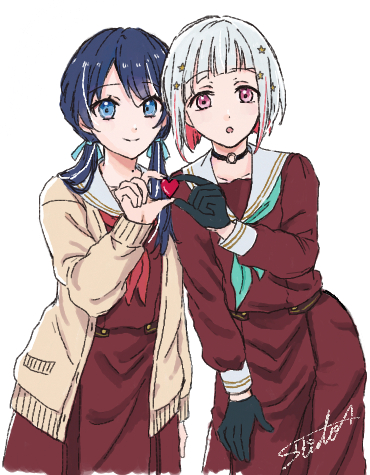 2girls, :o, aqua_neckerchief, artist_name, black_choker, black_gloves, blue_eyes, blue_hair