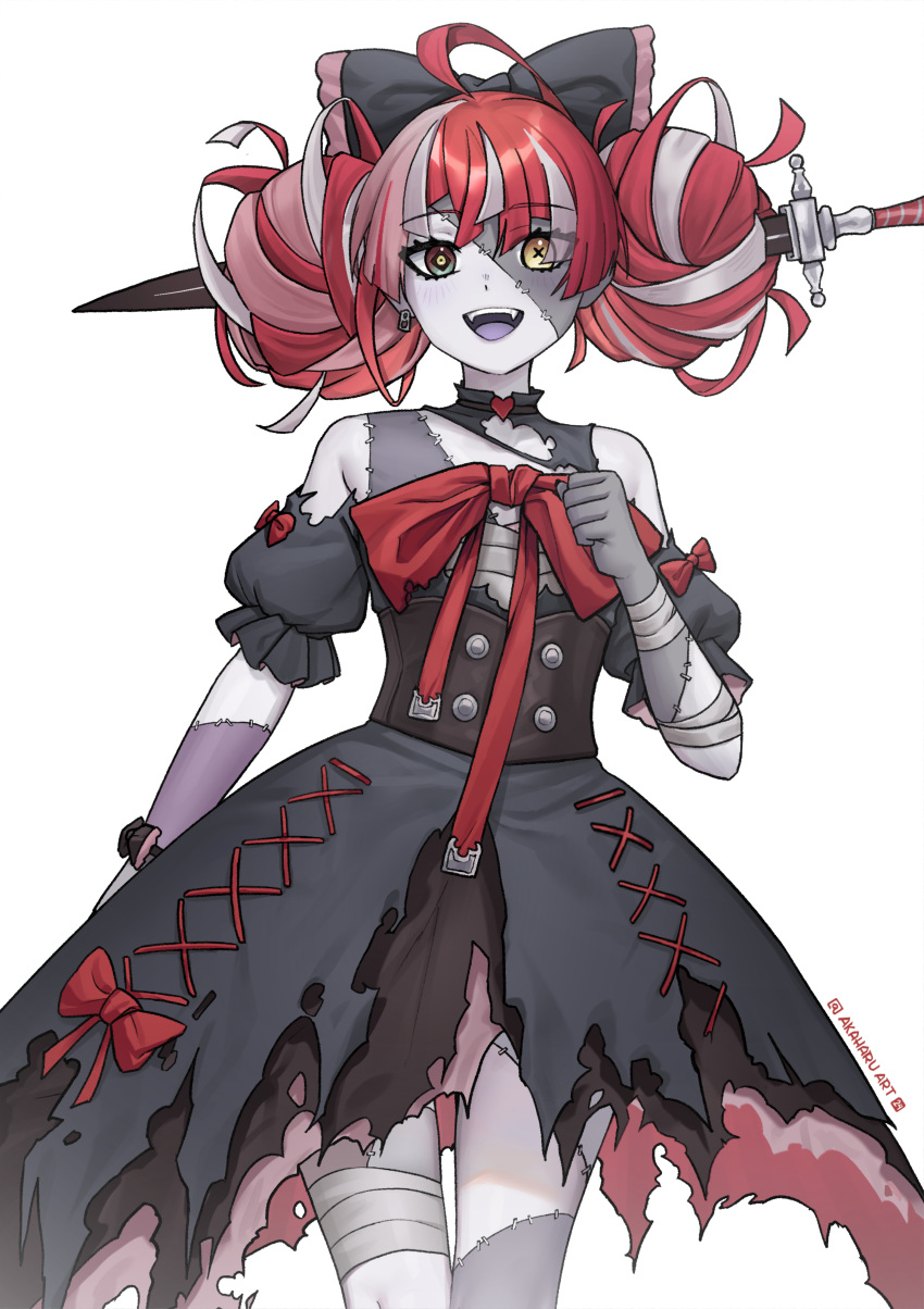1girl, absurdres, ahoge, akaharuu, bandaged_arm, bandaged_leg, bandages, bare_shoulders
