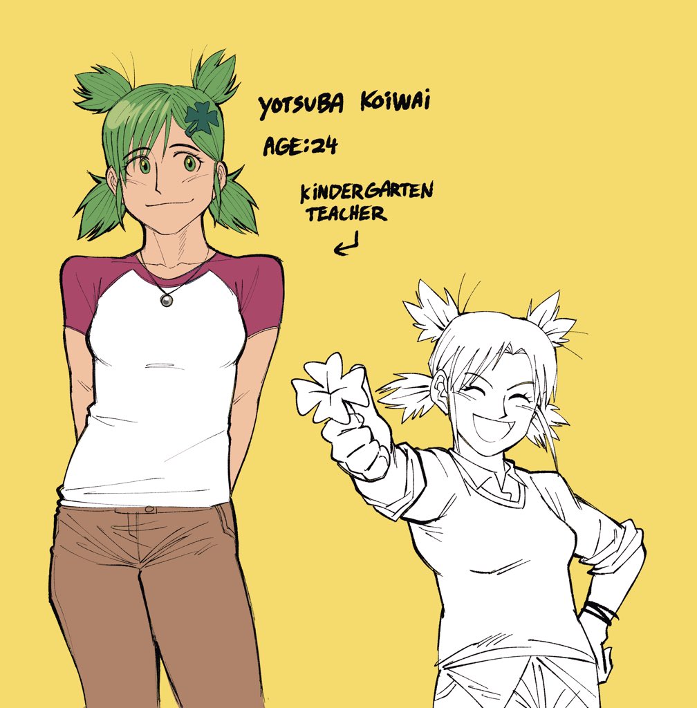 1girl, :d, aged_up, arms_behind_back, brown_pants, capsule_(capsulecomputrz), character_name, character_profile