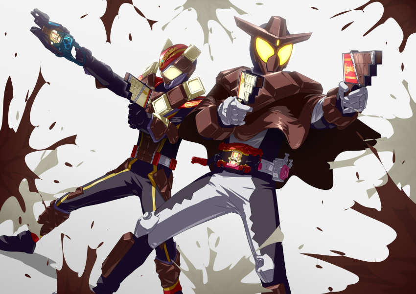 2boys, armor, bodysuit, boots, brown_armor, brown_gloves, candy, capelet, chocodan_(brown_chocolate), chocodon_(white_chocolate), chocolate, cowboy_hat, cowboy_western, dual_wielding, energy_gun, food, full_armor, full_body, gauntlets, gloves, glowing, grey_bodysuit, gun, hat, henshin_belt_gavv, highres, holding, holding_gun, holding_weapon, kamen_rider, kamen_rider_gavv, kamen_rider_gavv_(series), kamen_rider_valen, looking_at_viewer, male_focus, multiple_boys, otokamu, power_armor, red_armor, rider_belt, ripping, simple_background, standing, tokusatsu, weapon, white_background, yellow_eyes