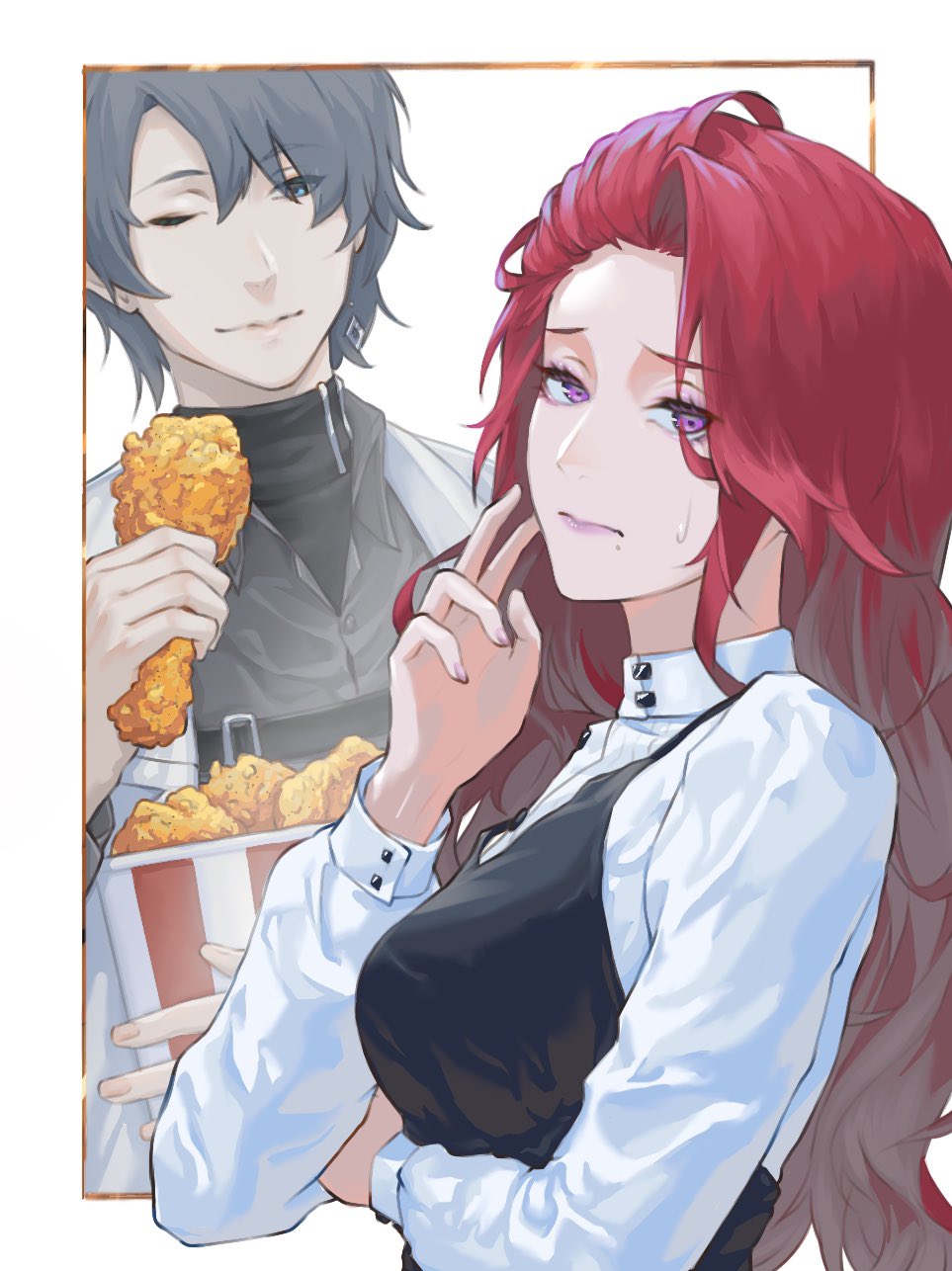 1boy, 1girl, :s, alternate_costume, apron, black_apron, black_shirt, black_undershirt