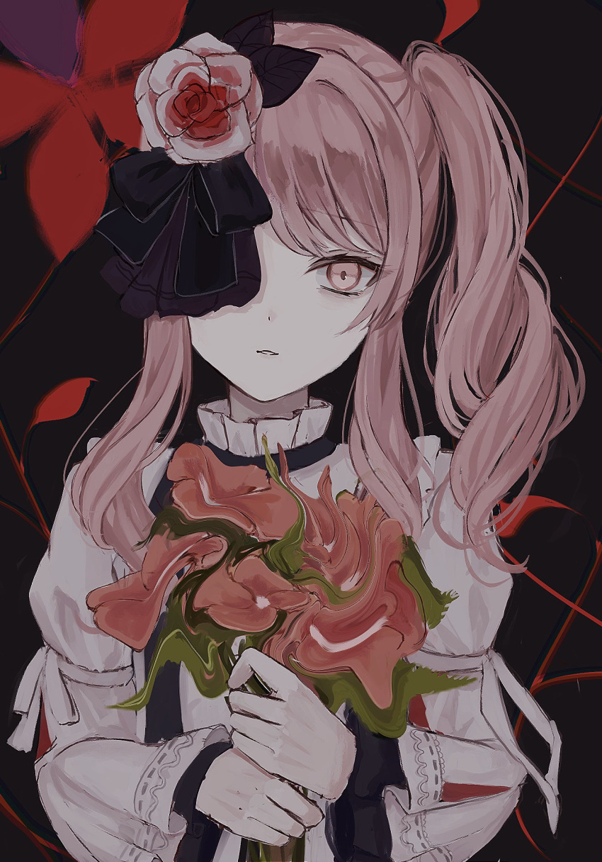 1other, akiyama_mizuki, ameshi0227, black_background, black_bow, bow, dress, flower