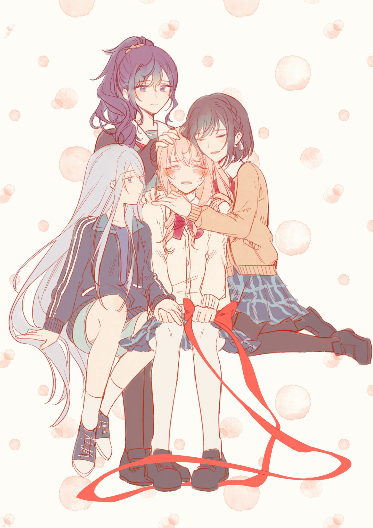 1other, 25-ji_nightcord_de._(project_sekai), 3girls, akiyama_mizuki, asahina_mafuyu, black_pantyhose, blue_eyes, blush, bow, braid, brown_hair, cardigan, chinese_commentary, closed_eyes, closed_mouth, collared_shirt, commentary_request, crying, grey_hair, hair_between_eyes, hair_over_shoulder, highres, holding, holding_ribbon, hug, jacket, kamiyama_high_school_uniform_(project_sekai), littlegrandpar, long_hair, long_sleeves, looking_at_another, miyamasuzaka_girls'_academy_school_uniform, multiple_girls, neckerchief, open_mouth, pantyhose, pink_hair, ponytail, project_sekai, purple_hair, red_neckerchief, ribbon, sailor_collar, school_uniform, shinonome_ena, shirt, short_hair, side_ponytail, sidelocks, simple_background, smile, very_long_hair, violet_eyes, white_sailor_collar, yoisaki_kanade