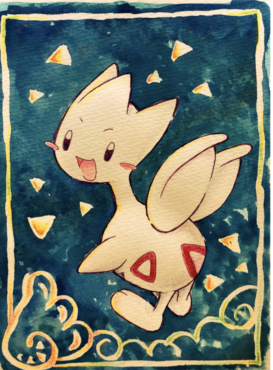 :d, blue_background, blush_stickers, border, commentary_request, full_body, highres, looking_at_viewer, looking_back, no_humans, open_mouth, pokemon, pokemon_(creature), pokemon_focus, ryuym_koue, smile, solo, togetic, traditional_media, triangle_print, wings, yellow_border
