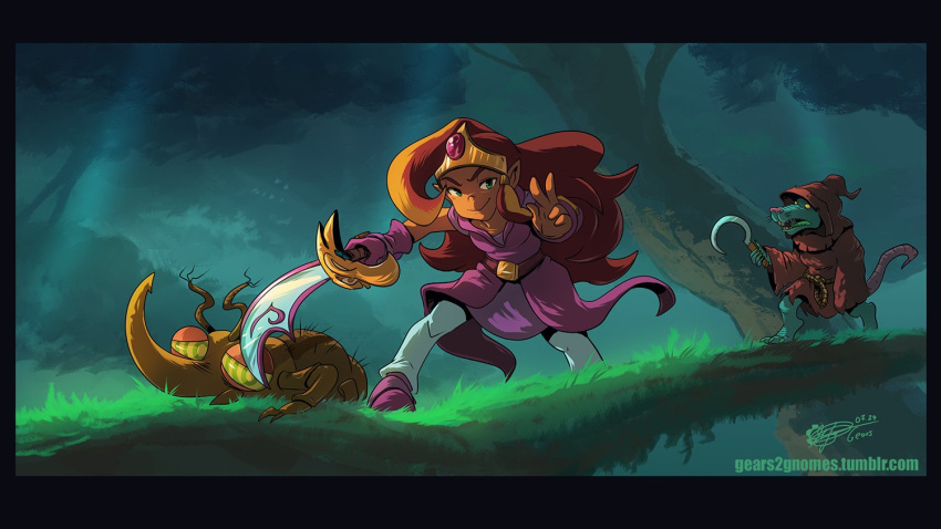 1girl, arzette:_the_jewel_of_faramore, belt, belt_buckle, brown_belt, brown_hair, buckle, colored_skin, commentary, creature, dark-skinned_female, dark_skin, dated, day, dress, english_commentary, forest, gears2gnomes, gem, gloves, gold_buckle, green_eyes, green_skin, holding, holding_sickle, holding_sword, holding_weapon, long_hair, looking_to_the_side, moss, multicolored_hair, nature, outdoors, pink_dress, pink_footwear, pink_gloves, pointy_ears, princess_arzette, purple_vest, rat_boy, red_gemstone, shoes, sickle, signature, single_glove, smile, solo_focus, streaked_hair, sword, tiara, tree, tumblr_username, v-shaped_eyebrows, vest, w, weapon, web_address
