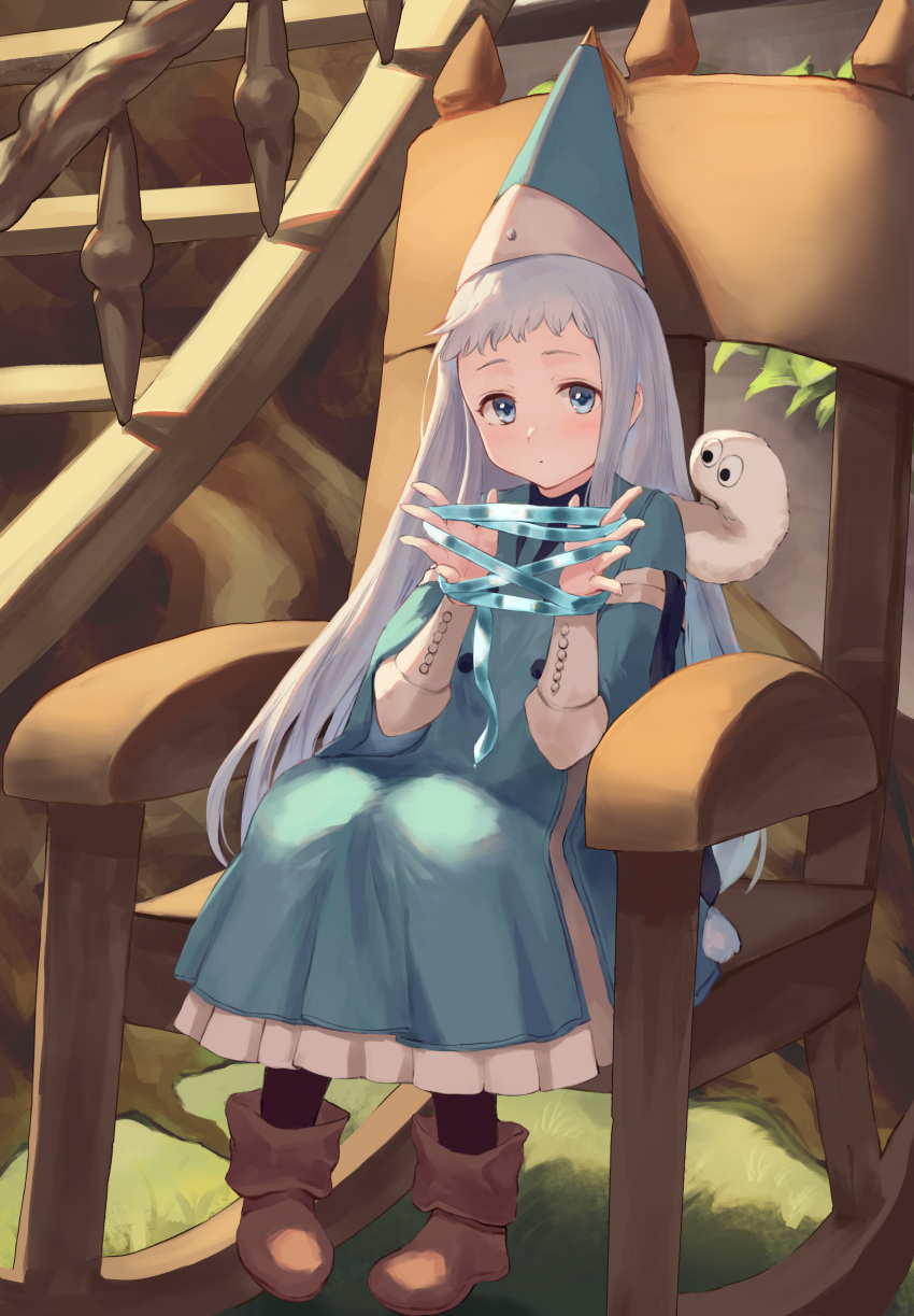 1girl, absurdres, black_leggings, blue_dress, blue_eyes, blue_hair, blue_ribbon, blunt_bangs